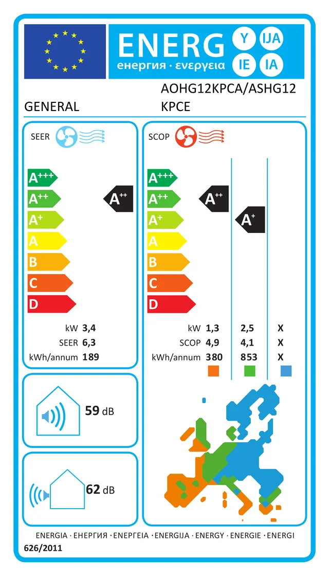 EU energy label – Климатик General Fujitsu ASHG12KPCA(E)/AOHG12KPCA , 12 000 BTU/ КЛАС A++