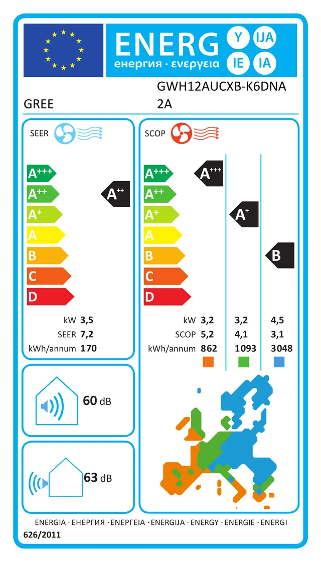 EU energy label – Инверторен климатик Gree Clivia-GWH12AUCXB-K6DNA2A, 12 000 BTU,КЛАС A++