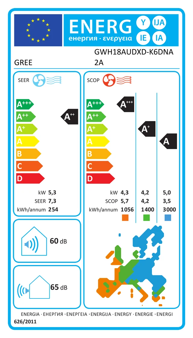 EU energy label – Инверторен климатик Gree Clivia GWH18AUDXD-K6DNA2A, 18 000 BTU, КЛАС A++
