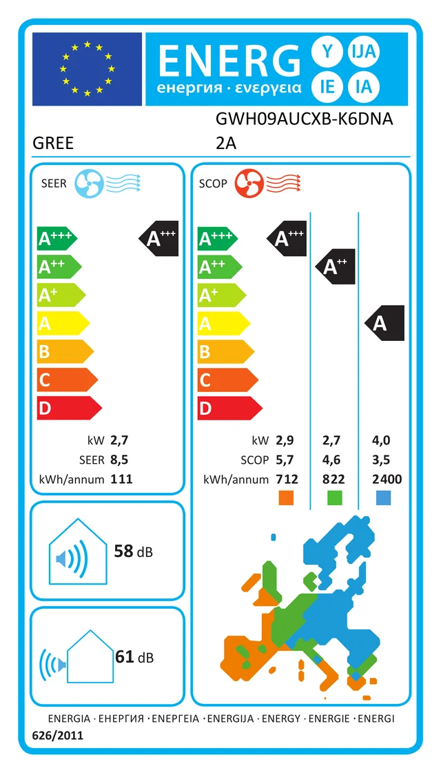 EU energy label – Инверторен климатик Gree Clivia - GWH09AUCXB-K6DNA2A, 9 000 BTU, КЛАС A+++