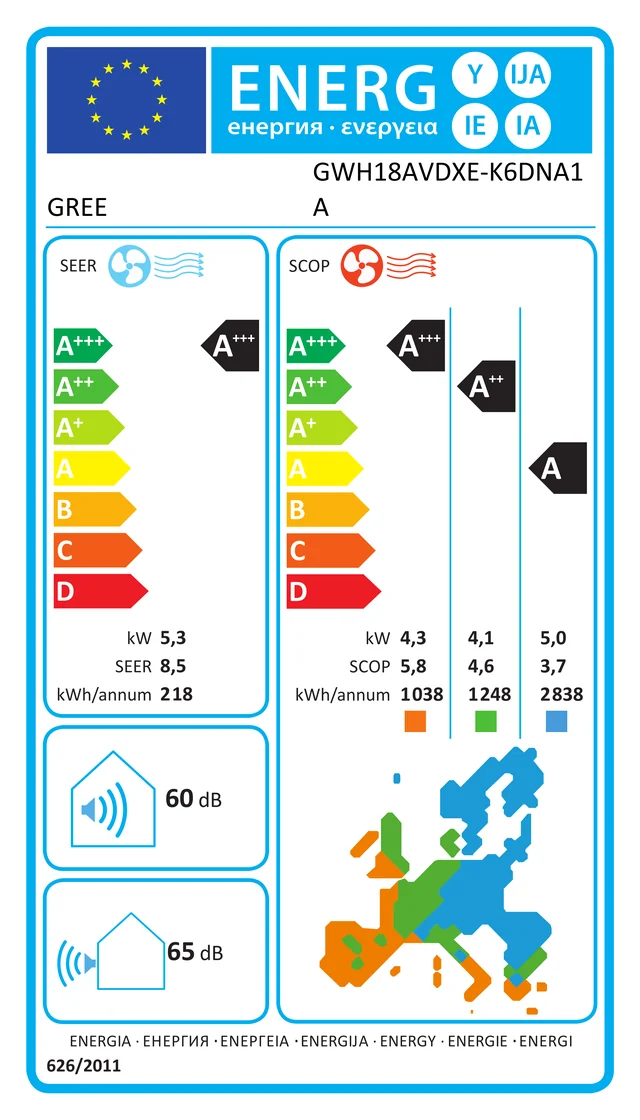 EU energy label – Инверторен климатик Gree Airy  - GWH18AVDXE/K6DNA1A, 18 000 BTU, КЛАС A+++