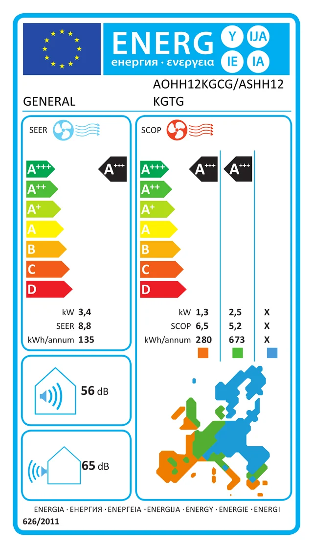 EU energy label – Климатик General Fujitsu ASHH12KGTG/AOHH12KGCG WIFI  , 12 000 BTU/ КЛАС A+++