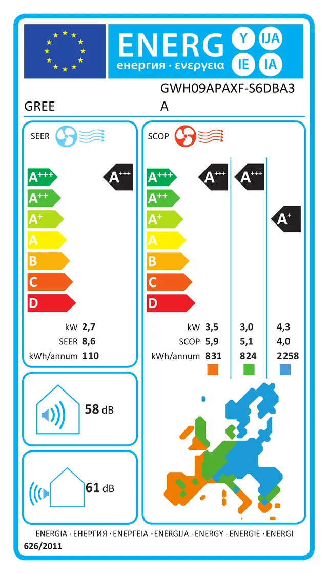 EU energy label – Инверторен климатик Gree S-COOL GWH09APAXF-S6DBA3A , 9 000 BTU, A+++