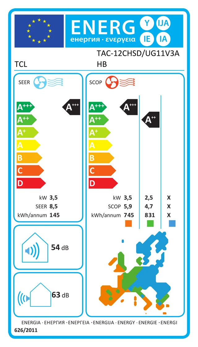 EU energy label – Инверторен климатик TCL TAC-12CHSD/UG11V3AH, 12 000 BTU, КЛАС А+++/ А++