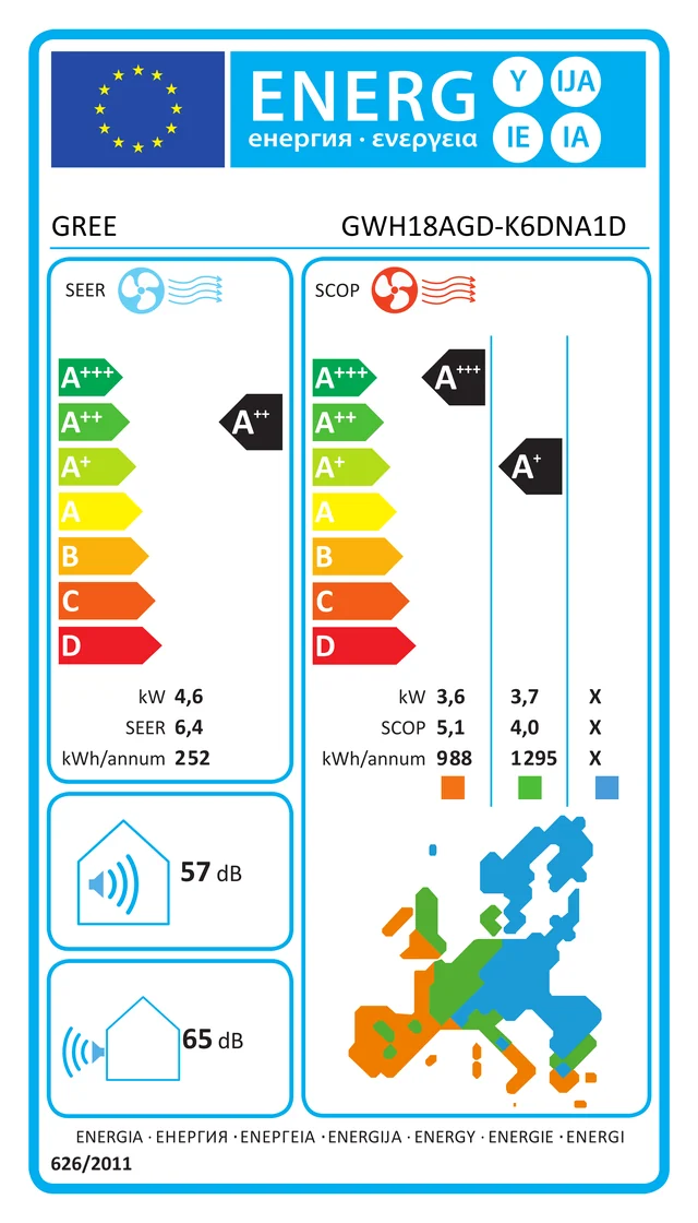 EU energy label – Инверторен климатик Gree Pular - GWH18AGD WiFi, 18 000 BTU, КЛАС А++