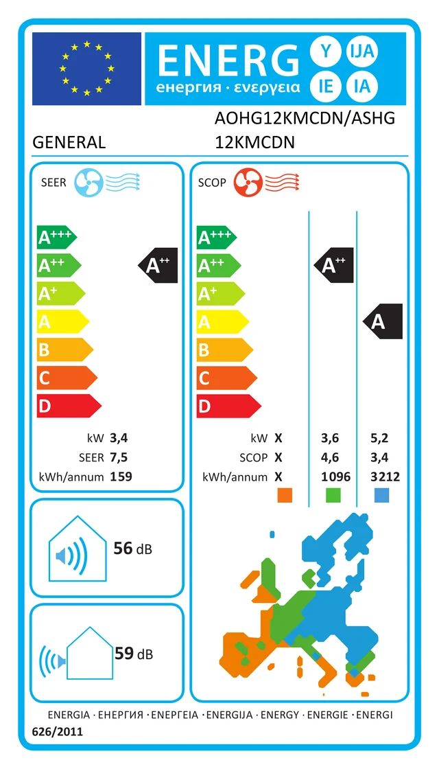 EU energy label – Климатик General Fujitsu  ASHG12KMCDN/AOHG12KMCDN NORDIC WI-FI , 12 000 BTU/ КЛАС A++