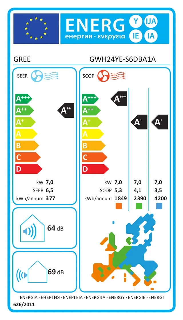 EU energy label – Инверторен климатик Gree AMBER-GWH24YE-S6DBA1A, 24 000 BTU,КЛАС A+++